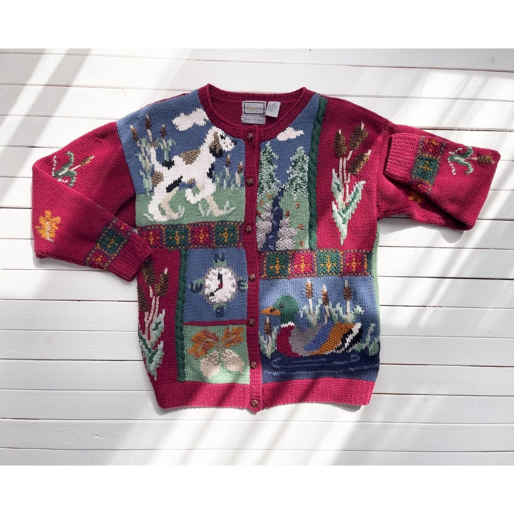 vtg Cabela's dog duck hunting hand knit cardigan‎ sweater